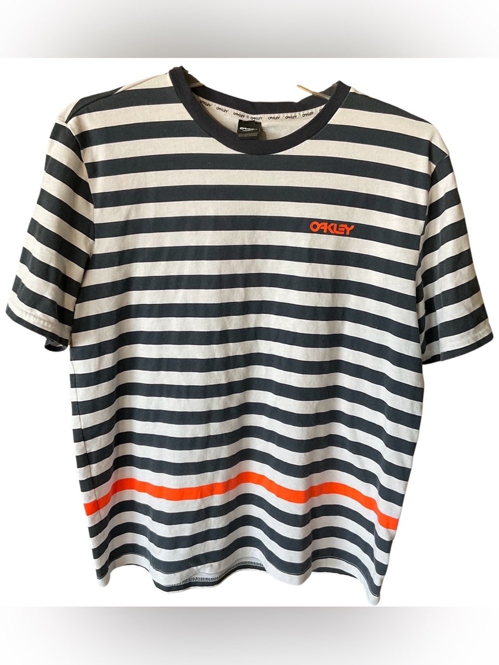 Oakley Navy and White Striped Tee with Orange Logo